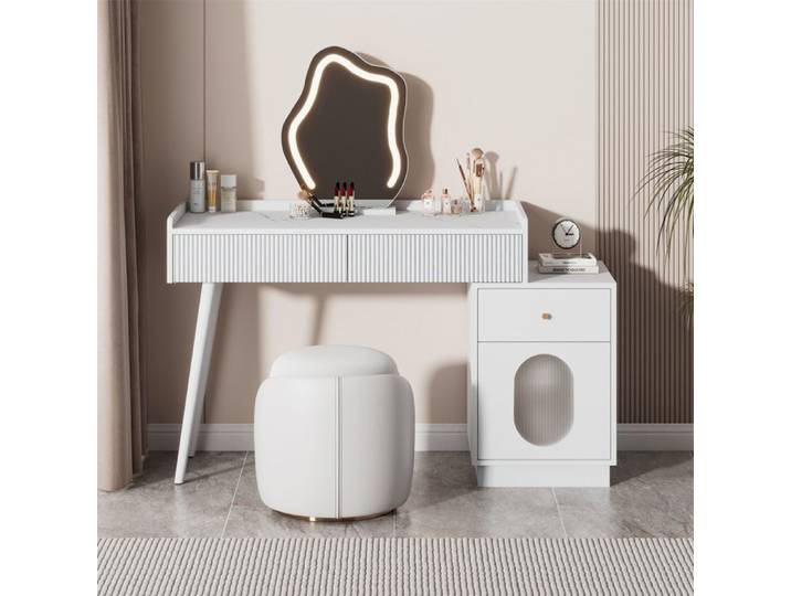 Coiffeuse avec Rangement Coiffeuse avec Miroir LED et Éclairage Coiffeuse Bureau avec 3 Tiroirs et 1 Porte Blanc 120×40×90cm