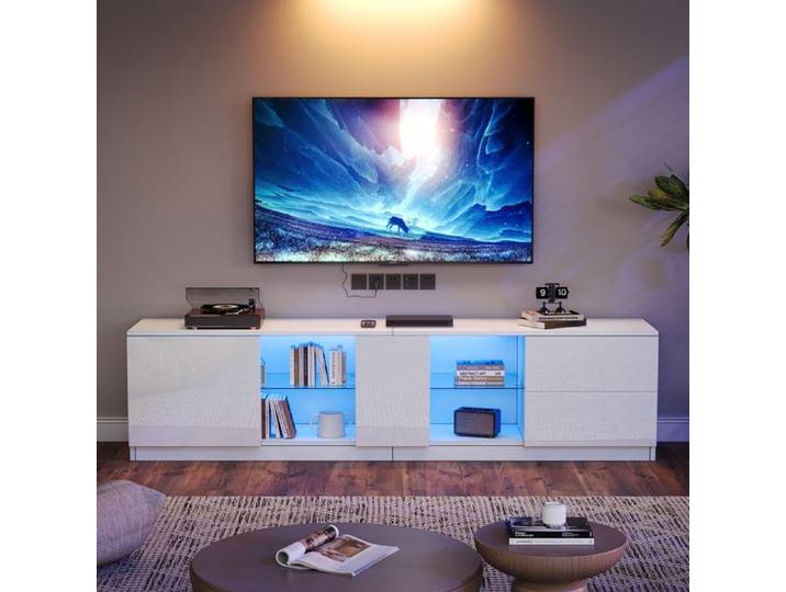 Meuble TV design 160 cm brillant avec éclairage LED - Lowboard moderne pour téléviseurs jusqu'à 65