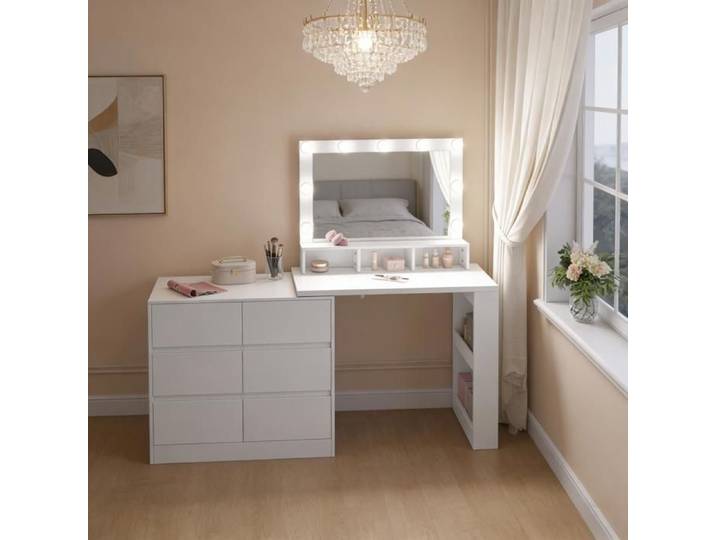 Coiffeuse d'angle 160x40 cm EVRYAE - miroir LED USB 6 tiroirs et montage gauche ou droite - Blanc