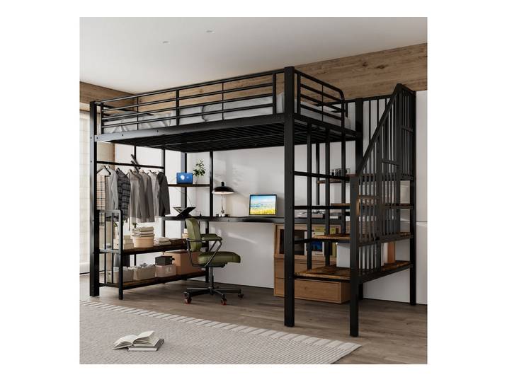 Merax Hochbett mit Ladeanschluss & Kippschutz (Kinderbett aus Eisen & MDF, 1-St., Jugendbett Einzelbett Eisenbett) Metalbett 120x200cm mit Ablagefächern, Tisch, Ecktreppe & Kleiderbügel
