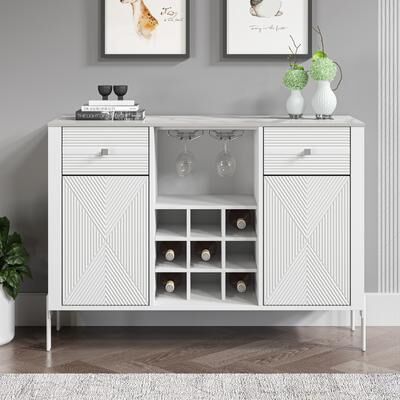 FESTIVO "42"" Modern Wine Cabinet with Metal Glass Rack and Drawers - 42"" in Width"