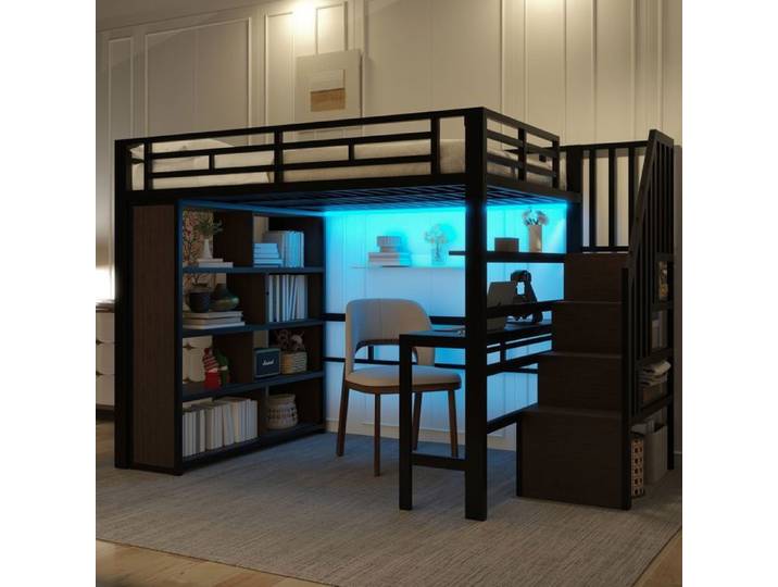 Lit mezzanine - SOGEU - Lit Mezzanine 140x200 - Escalier avec rangements - Bureau intégré - LED pilotable
