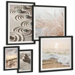 BILDER SET 5er Set - 50x50 cm & 20x30 cm & 40x60 cm Schwarzer Rahmen - Blumen im Wasser des Buddha-Wasserfalls
