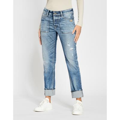 Boyfriend-Jeans GANG "94NICA WORKER", Damen, Gr. 26, N-Gr, blau (destroy denim), Denim/Jeans, Obermaterial: 90% Baumwolle, 8% Polyester, 2% Elasthan, regular fit knöchelfrei, Jeans, cooler, androgyner Look
