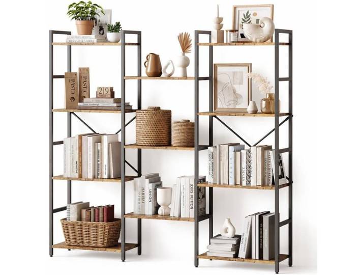 Bibliothèque à 4 niveaux–Design industriel–3 colonnes–11 étagères ouvertes–Étagères en bois réglables–Marron