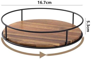 Inspired Finds Acacia Wood Lazy Susan Turntable With Metal Frame Rotating Kitchen Organizer & Serving Tray 6.57in