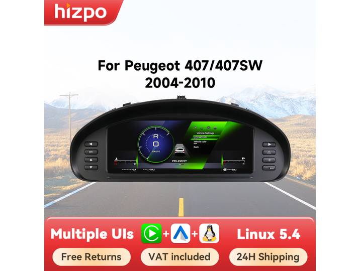 Hizpo pour Peugeot 407 407SW 2004-2010 Affichage numérique du tableau de bord, compteur de vitesse, cockpit virtuel, écran LCD, panneau de tableau de bord
