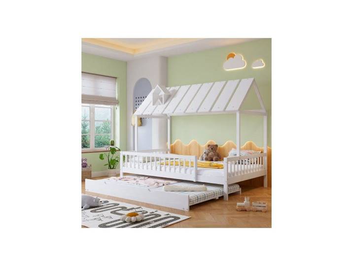 Lit Cabane Enfant - MERAX - 120x200 - Bois Blanc - avec Lit Gigogne 120x190 - Barrières Sécurisées