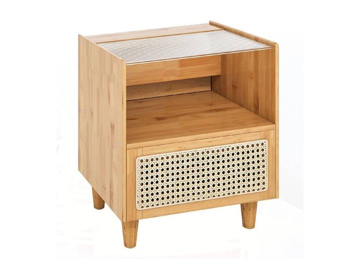 COSTWAY Nachttisch (2-St), Rattan Beistelltisch, mit Glastischplatte, aus Bambus