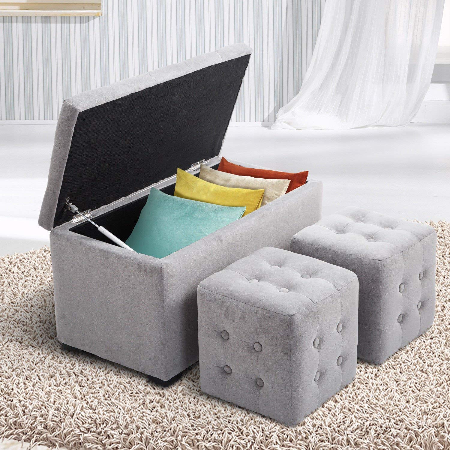 Homcom Cassapanca Portaoggetti Multiuso con 2 Sgabelli Pouf in Velluto, Grigio Perla Aosom