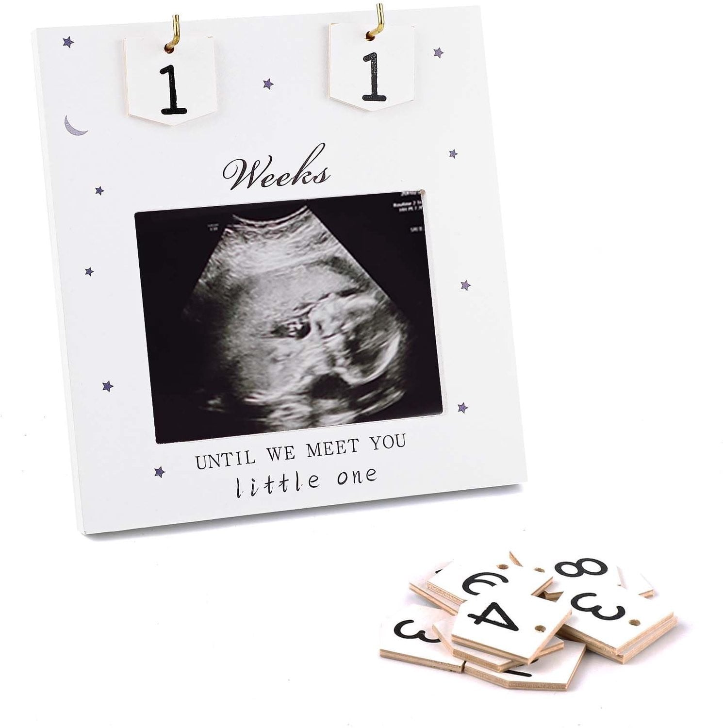 Wit houten sonogram fotolijst met 13 cijferkaarten voor baby aankondiging en decoratie