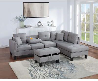 Esofastore Taupe Gray Finish 3pc Sectional Sofa Linen Like Fabric Upholstered