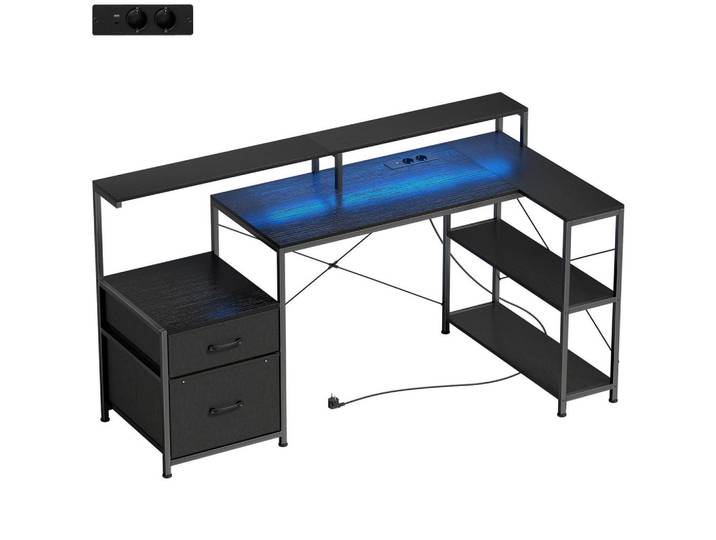 Homcom Gaming Tisch Spanplatte, Stahl Schwarz, Metall, 2 Schubladen, L-Form,Rechteckig, eckig, 80x91.5x165 cm, Büromöbel, Schreibtische, Computertisch
