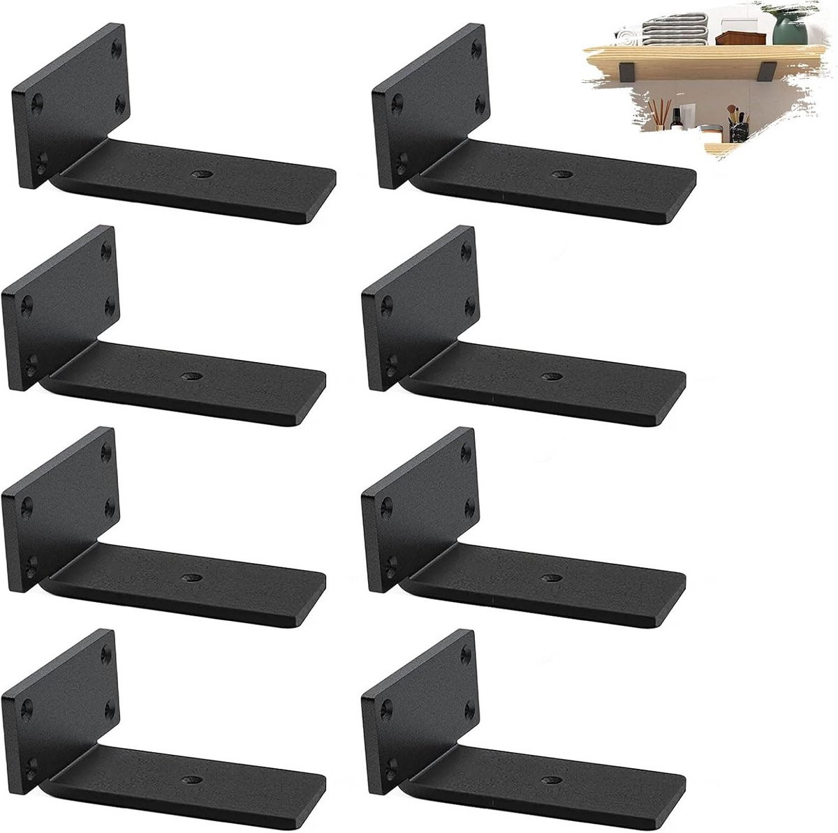 Set van 8 robuuste zwarte zwevende plankdragers - Onzichtbare L-vormige metalen muurbeugels