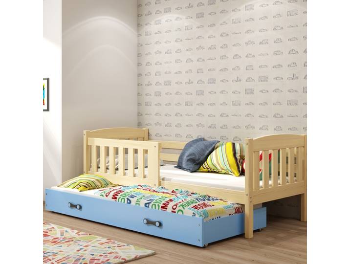 Ausziehbett für Jugendliche Jakob, 90x190, mit Schublade, Kiefer/blau