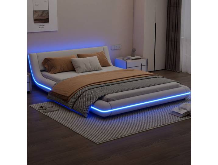 VUENOR Lit LED 140x200 cm blanc – cadre de lit à lattes avec tête arrondie sans matelas