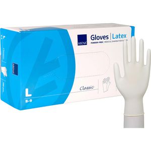 Abena Einmalhandschuhe Classic, natur, 100 Stück, Latex, chemikalienbeständig, lebensmittelecht, Größe L