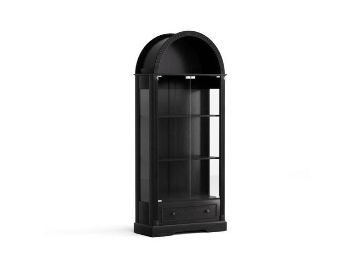Vitrine arquée 180 cm noire portes vitrées éclairage LED tiroirs meuble campagne moderne pour salon