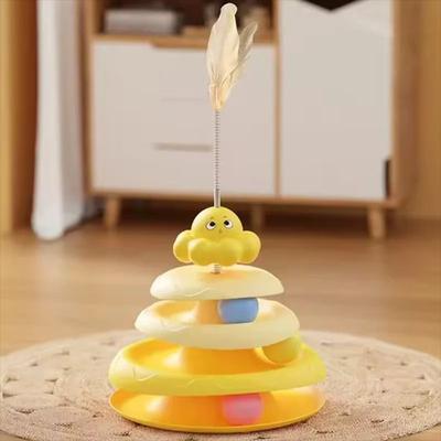 Inspired Living 3 Tier Interactive Cat Toy Turntable With Feather Teaser yellow With Feathers