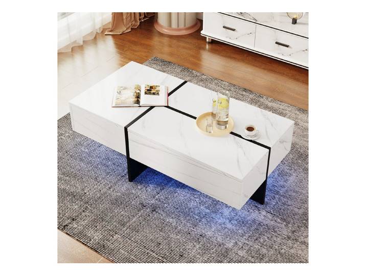 OKWISH Couchtisch Hochglanz Couchtisch mit LED-System und Marmoroptik für Wohnzimmer, für Wohnzimmer