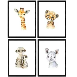 POSTER Set mit 4 Tiger Rhinoceros Giraffe und Suricata A3 Schwarzer Rahmen