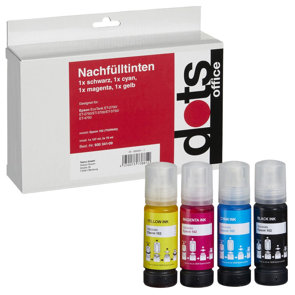 dots Tintenflaschen kompatibel zu EPSON 102 (T03R640), 4er-Set schwarz, cyan, magenta, gelb 1642,1005-DOTS