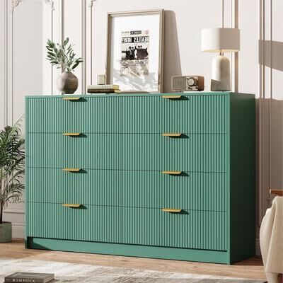 Garvee "55"" Wide Modern Fluted Double Chest of Drawers with Golden Metal Handles, Large TV Stand Multi-Function Home Organizer"
