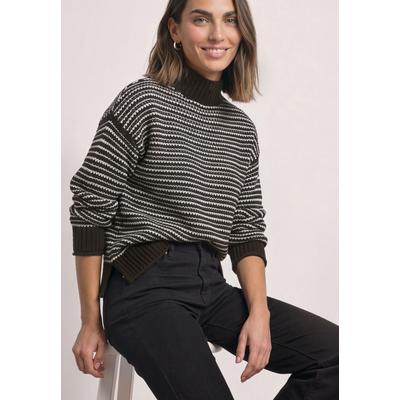 Strickpullover STREET ONE, Damen, Gr. 38, braun (schwarz coffee), Strick, Obermaterial: 73% Baumwolle, 27% Polyester, gestreift, bequem hüftbedeckend, Rundhals, Flachstrickbündchen, Pullover Strickpullover, mit Turtle Neck und Streifenmuster