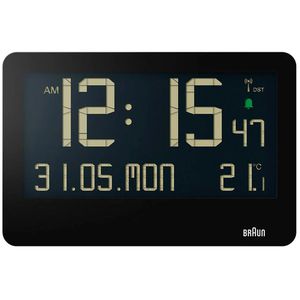 Braun Wanduhr BC14, Kunststoff, digital, Funkuhr, 26 x 17 cm, schwarz, mit Thermometer & Datumsanzeige, lautlos