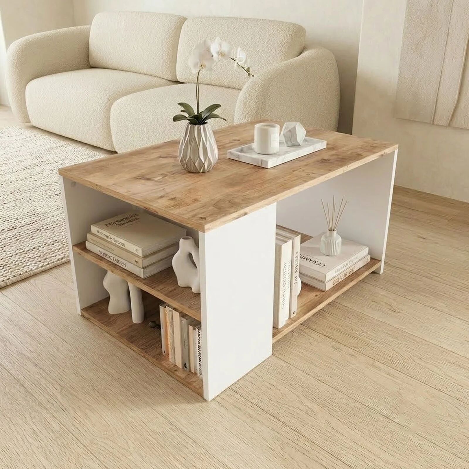 garneroarredamenti Tavolino da salotto 90x59cm 2 ripiani bianco rovere rustico Luzon