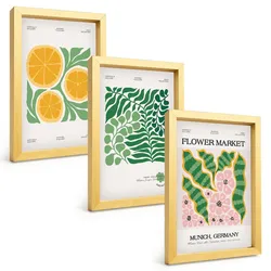 BILDER SET 3er Set - 20x30 cm Goldrahmen - Pastellfarbene Frucht- und Pflanzenmotive