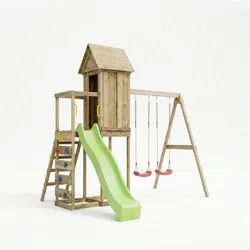 MaxPlay Holzklettergerüst mit Spielhaus, Doppelschaukel und Rutsche,,