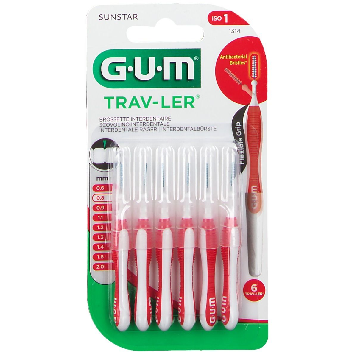 GUM Trav-Ler 0,8mm Kerze rot Interdental+6Kappen 6 St Zahnbürste