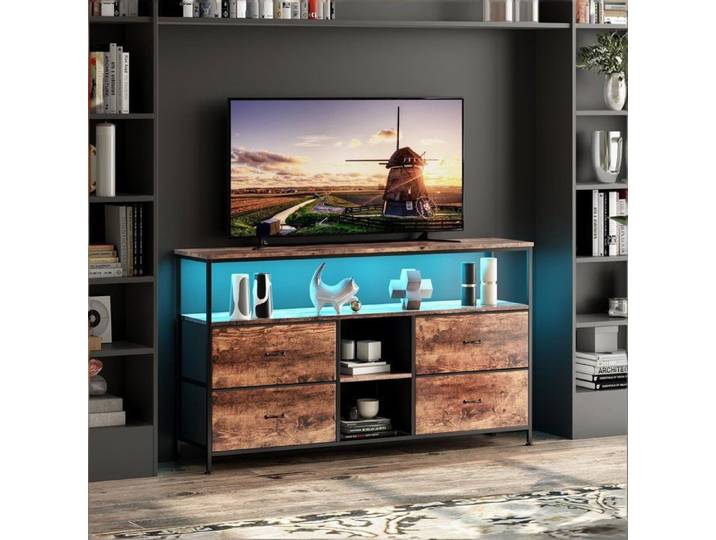Meuble TV Meuble TV LED Meuble TV haut 4 Tiroirs en tissu étagères ouvertes 108×30×77 cm avec LED rangement structure acier Marron
