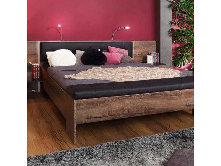 Forte Bellevue Bett 160x200, Elegantes Bett inkl. 2 Nachtschränken, Polsterkopfteil, Holzwerkstoff, Schlammeiche/Schwarzeiche Holzdekor, 284,6 cm breit x 96,5 cm hoch x 208,7 cm tief