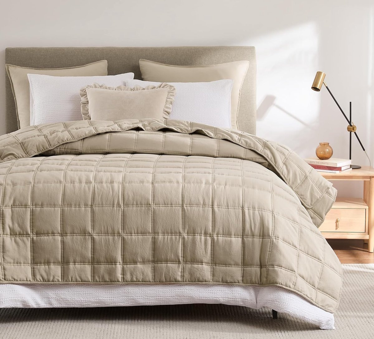SnelShoppen Zachte gewatteerde microvezel sprei met karopatroon, beige, 200 x 220 cm