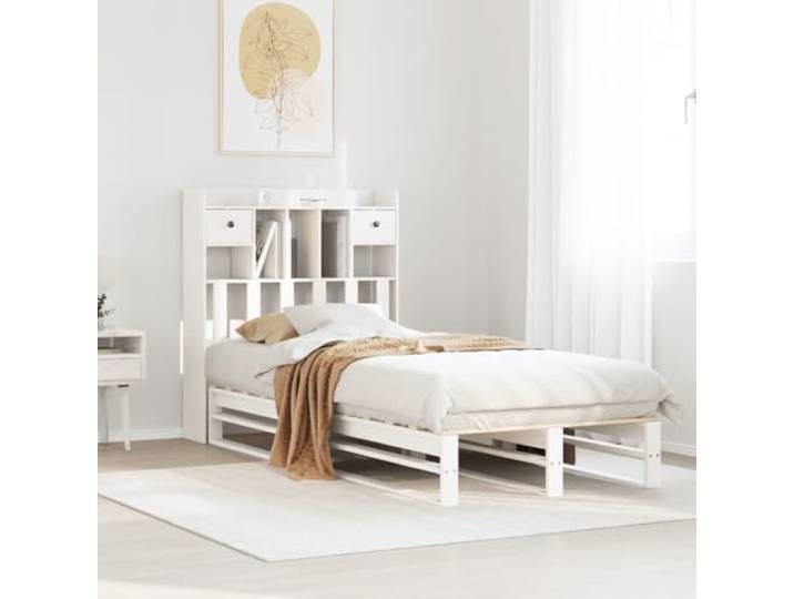 RJPLMFV Bücherbett, weiß, 90 x 190 cm, massives Kiefernholz Ohne Matratze, Lattenrost inklusive, integrierte Aufbewahrung, ersetzt Nachttisch