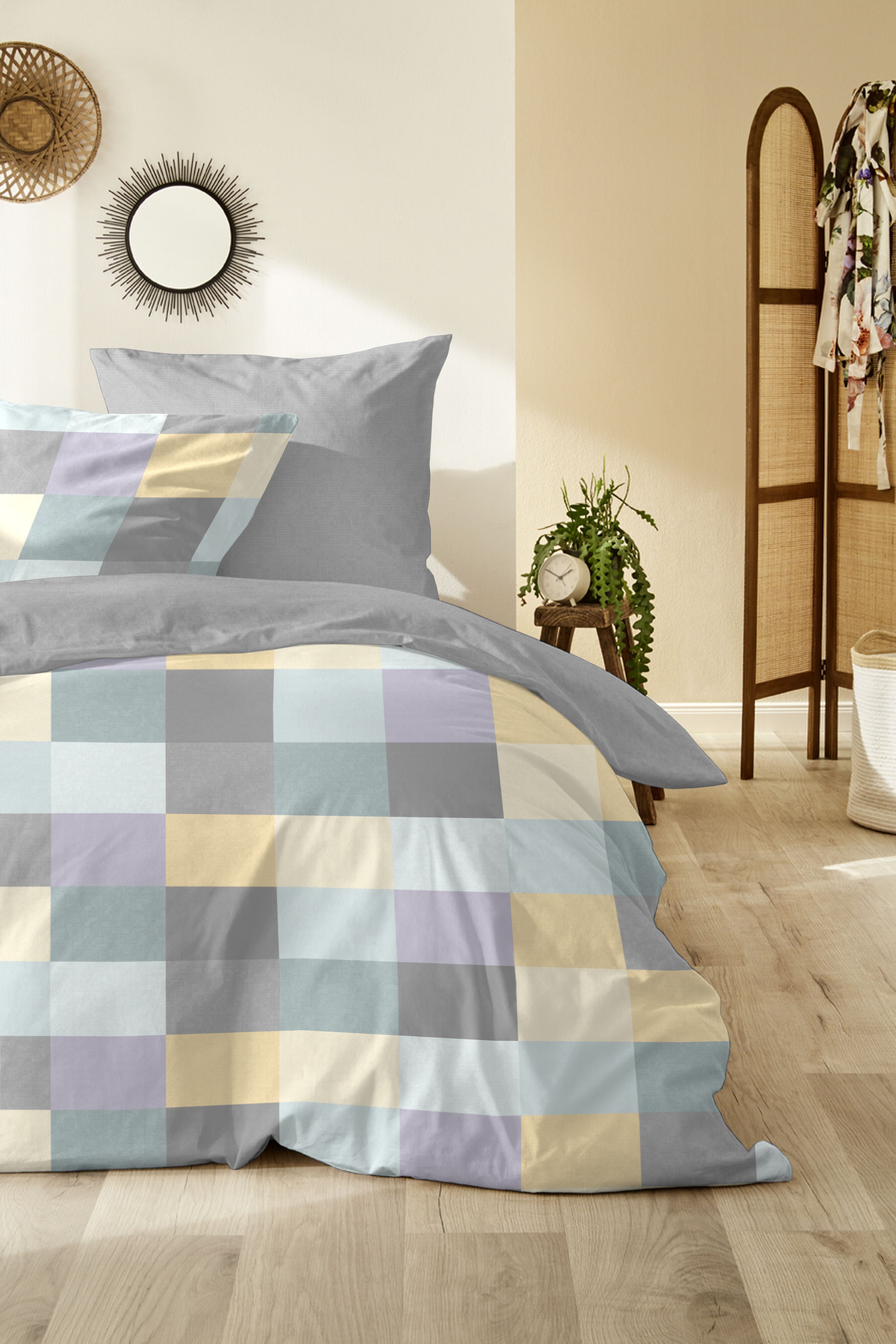 Bettwäsche PRIMERA "Edelflanell-Bettwäsche Pixelkaro", grau (grau, gelb), B/L: 155cm x 220cm, 1 Stk., 1 Stk., Edel-Köper-Flanell, B/L: 80cm x 80cm, 2 Stk., Edel-Köper-Flanell, Obermaterial: 100% Baumwolle, Bettwäsche, Bettwäsche, mit farbenfrohen Details 