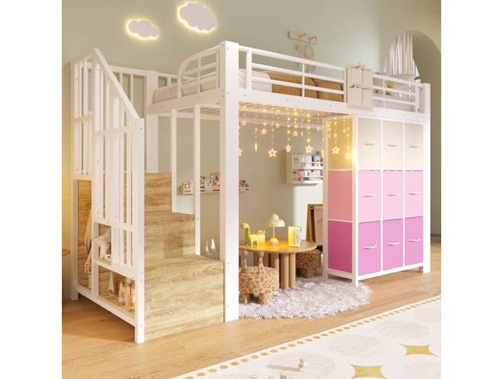 YAIXBNG Hochbett, 90×200 cm, Metall, mit Schubladen, Kleiderstange, Geländer, Treppe mit Stauraum, ohne Matratze,Weiß