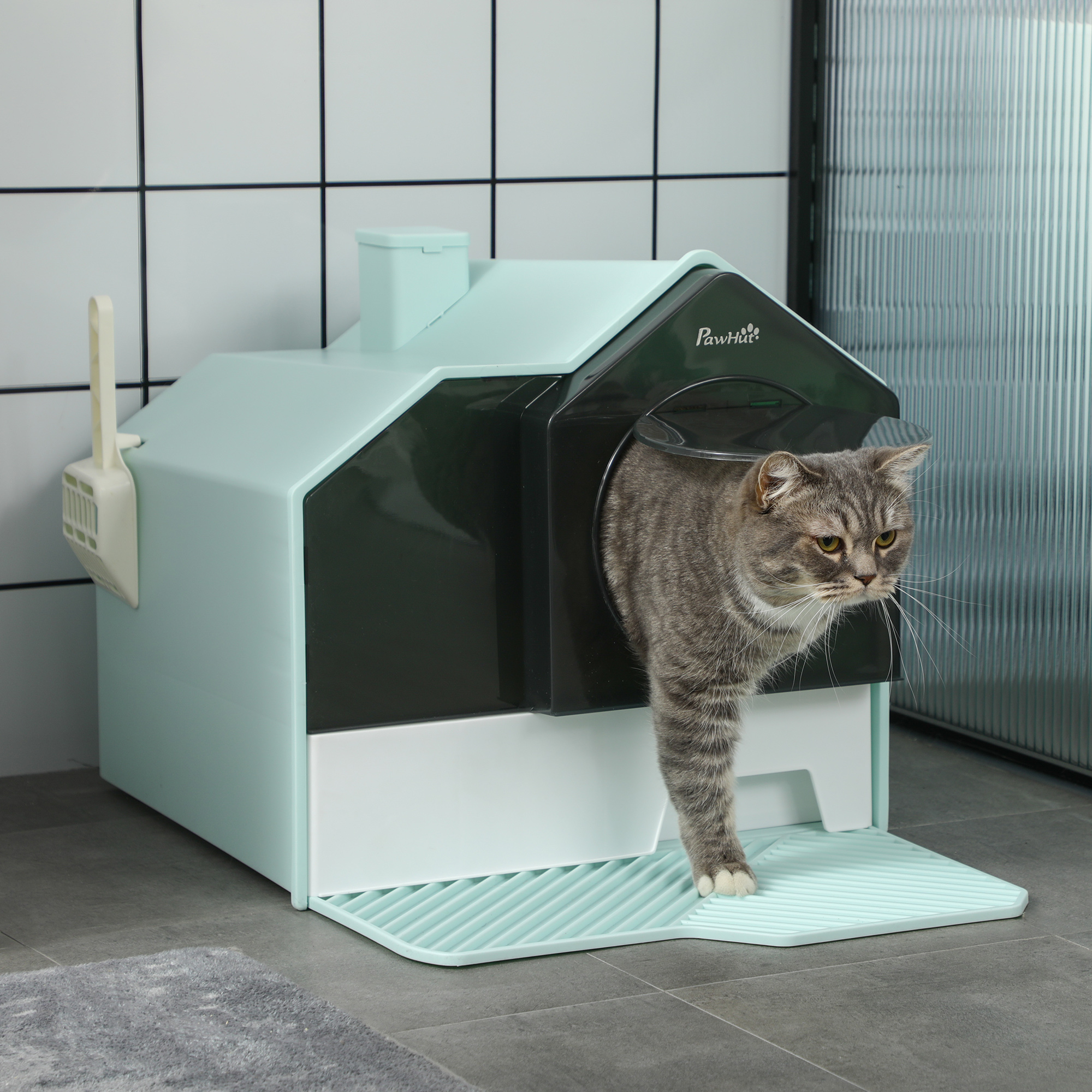 Pawhut Lettiera per Gatti Chiusa con Vassoio Estraibile, Tappetino e Paletta, 47x45x42cm, Azzurro Aosom