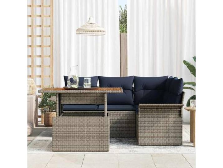 KTHLBRH Gartenmöbel-Set, 5-teilig, Grau und Marineblau Eckregal mit Tisch, Polyrattan-Gewebe, Stahlgestell, Akazienholz