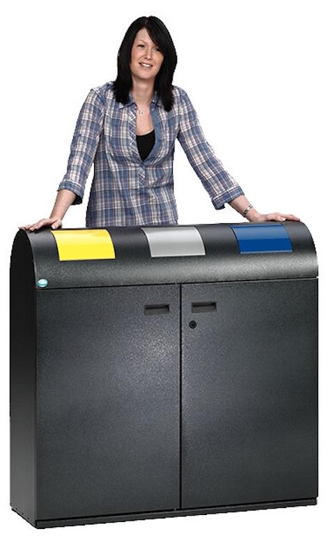 Selbstlöschende Wertstoffsammelstation mit 3 Einsätzen | 80 Liter je Behälter, HxBxT 99,5x108x37,5cm | Verzinkter Stahl | Grau