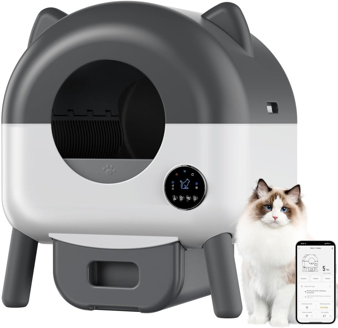 Rebrilliant Automatic Self-Cleaning Cat Litter Box 66L, Smart App Control, Safety Sensors, 6 Ambient Lights Adjustable, Automatic Litter Box Anti-Pinch, With Tras Gray 51.5cm H X 53.5cm W X 57.5cm D