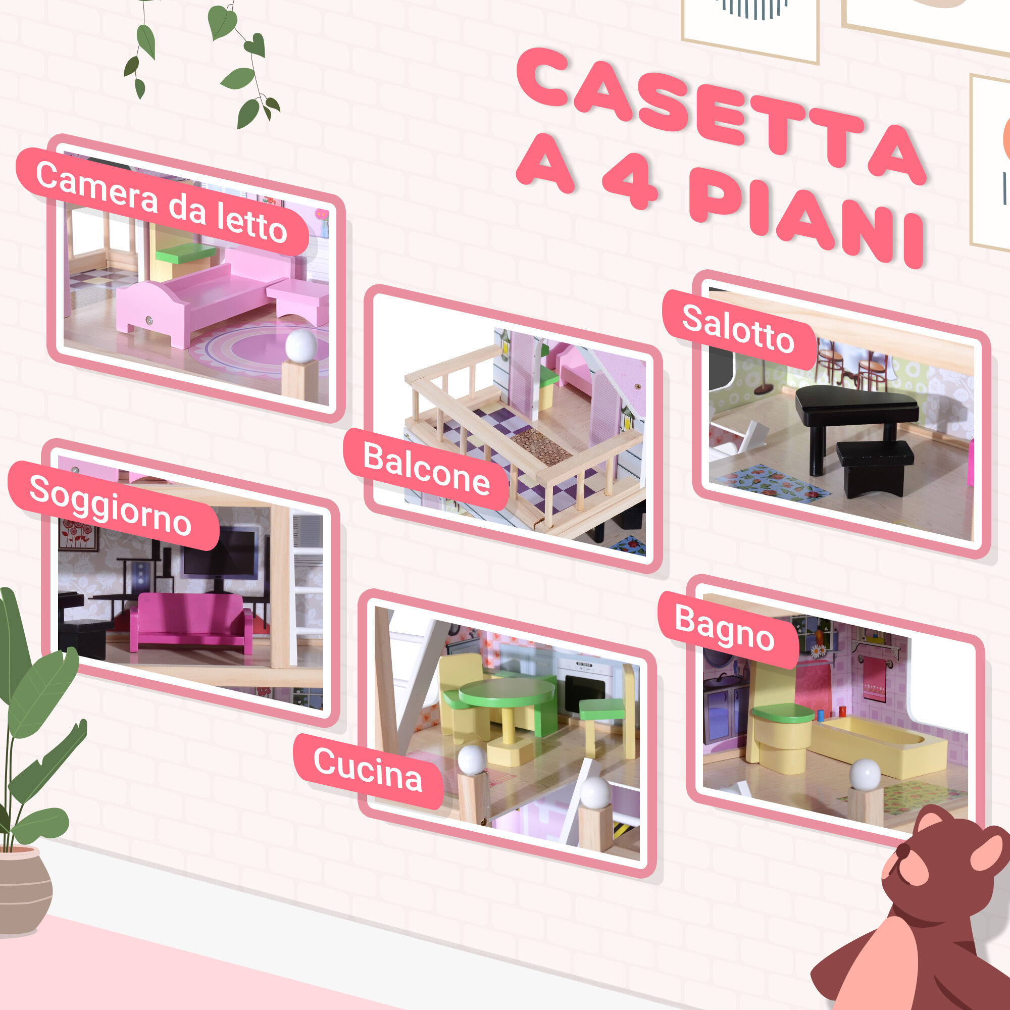 Altro Casa Delle Bambole Per Bambini 3+ Anni In Legno Di Pino E Mdf A 4 Piani Con 13 Accessori, Rosa, 60x30x80 cm