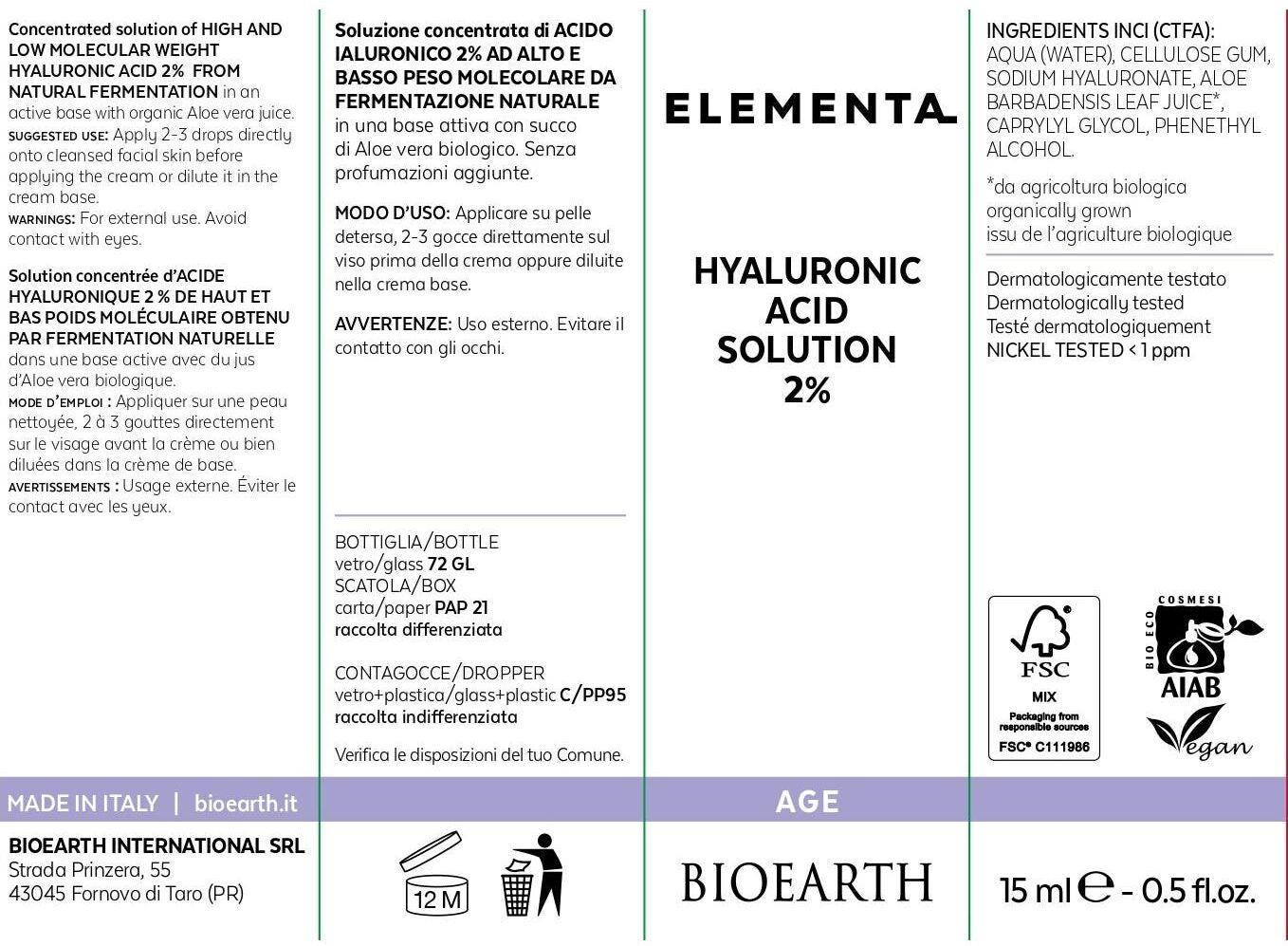 Bioearth Elemental Solución de Ácido Hialurónico 2% 15 ml