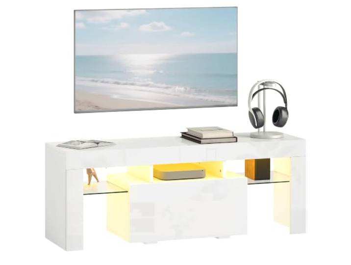 HOMCOM TV-Schrank 120cm für TVs bis 43-50 Zoll Weiß Hochglanz, LED RGB-Beleuchtung, gehärtete Glasscheiben, klappbarer Schrank, TV-Bank, Wohnzimmer, Schlafzimmer