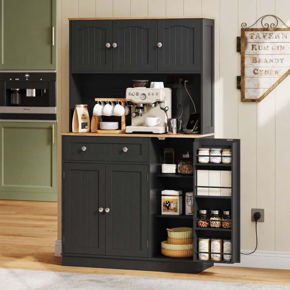 Homcom Armoire cuisine station de charge 6 portes plan de travail mdf noir Noir 100x173x40cm