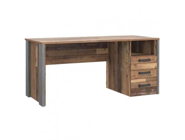 Bureau droit L160cm 3 tiroirs effet bois vieilli et béton gris - BUCK