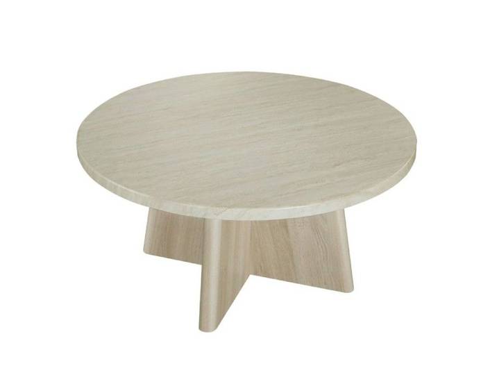 CALICOSY - Table basse ronde décor travertin et pied décor chêne D80 cm - AGATE - Travertin