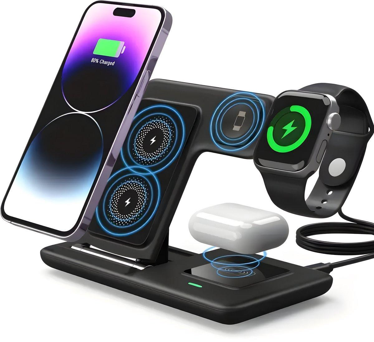 PolkaHome 3-in-1 Opvouwbaar Draadloos Oplaadstation – Magnetisch Snelladen voor iPhone, Samsung, AirPods en iWatch
